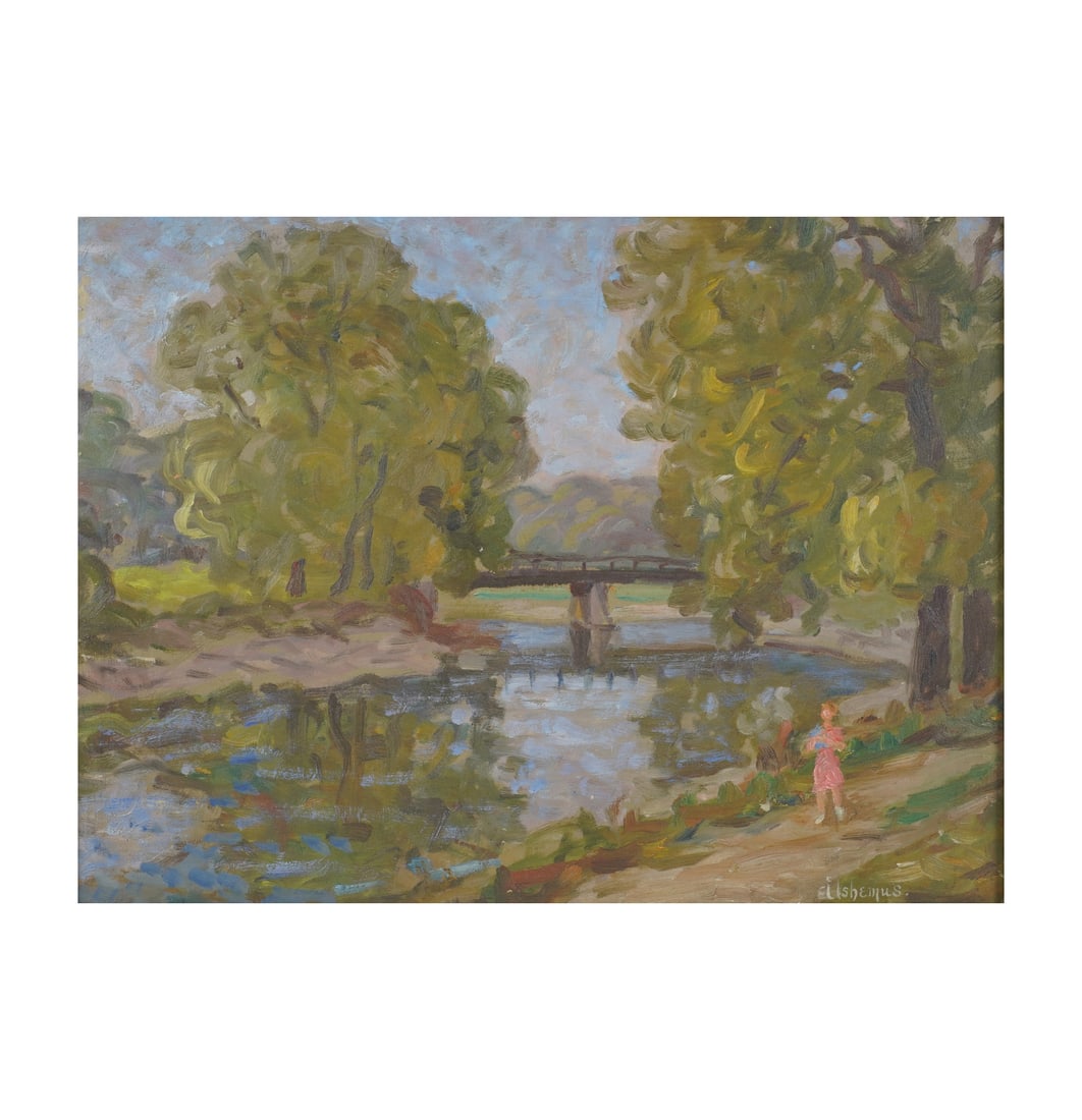 Louis Michel Eilshemius, American 1864-1941, Figure Beside Lake: oil on board signed to the lower right 12 x 16 in. (30.5 x 40.6 cm.), Frame: 15 3/4 x 19 1/2 in. (40 x 49.5 cm.)