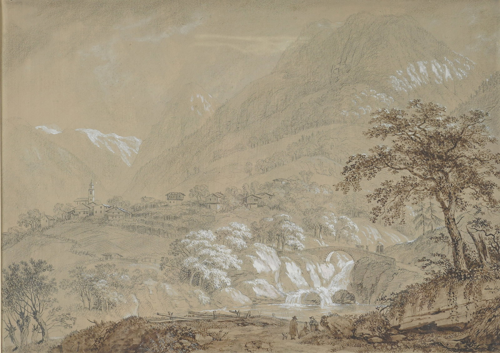 Ludwig Hess, Switzerland 1760-1800, Mountain Landscape: Pen and ink wash and watercolor on paper 1787, signed and dated to the lower right Sight: 12 1/4 x 17 in. (31.1 x 43.2 cm.), Frame: 18 x 22 in. (45.7 x 55.9 cm.)
