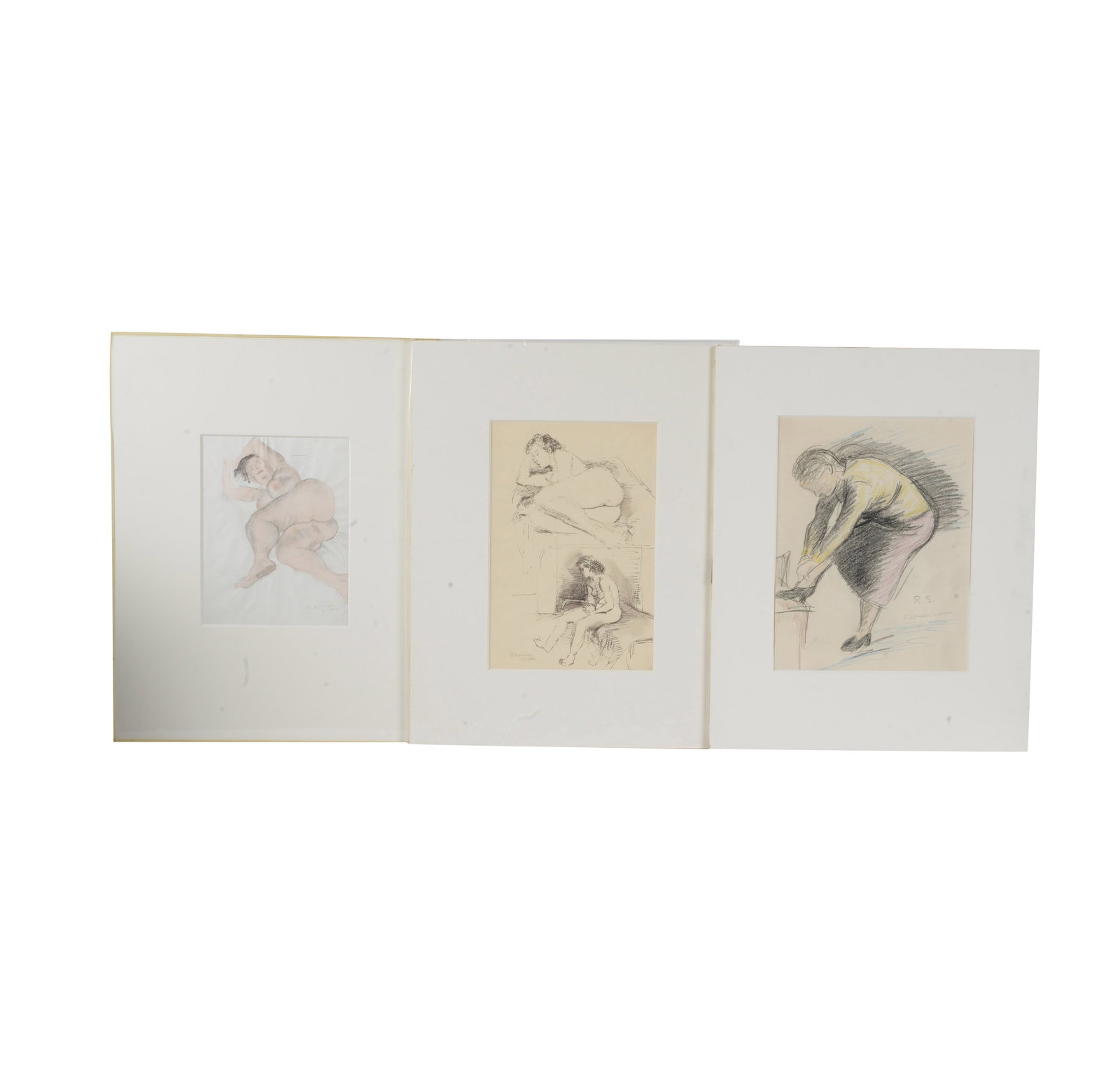 Raphael Soyer, American 1899-1987, Three Studies: ink, pencil and gouache all signed to the lower left and right nude woman frame:: 22 1/4 x 17 in. (56.5 x 43.2 cm.)