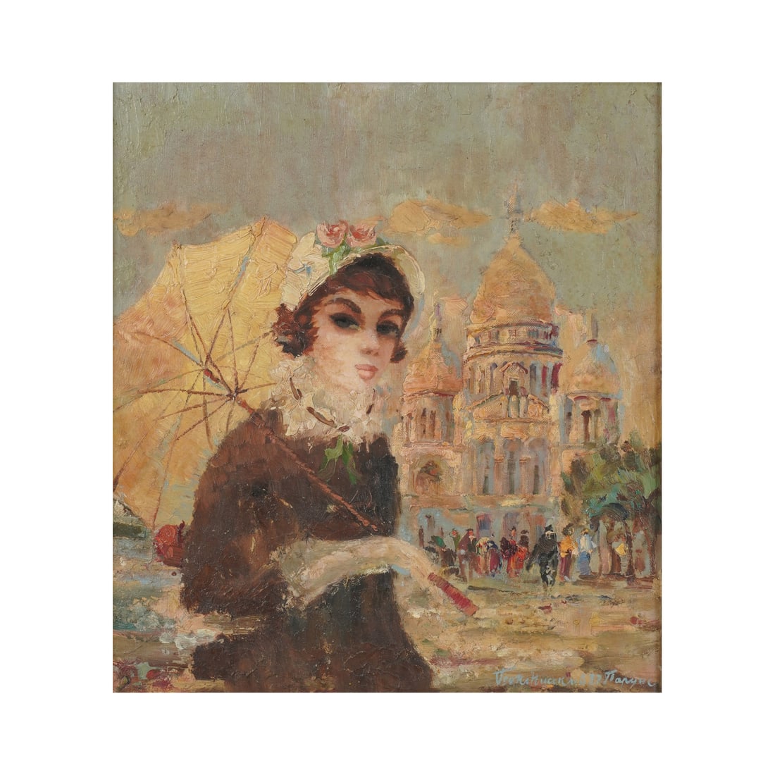 Portrait of a Parisian Woman: oil on canvas, signed illegibly to the lower right Canvas: 15 3/4 x 13 3/4 in. (40 x 34.9 cm.), Frame: 21 x 19 1/2 in. (53.3 x 49.5 cm.)