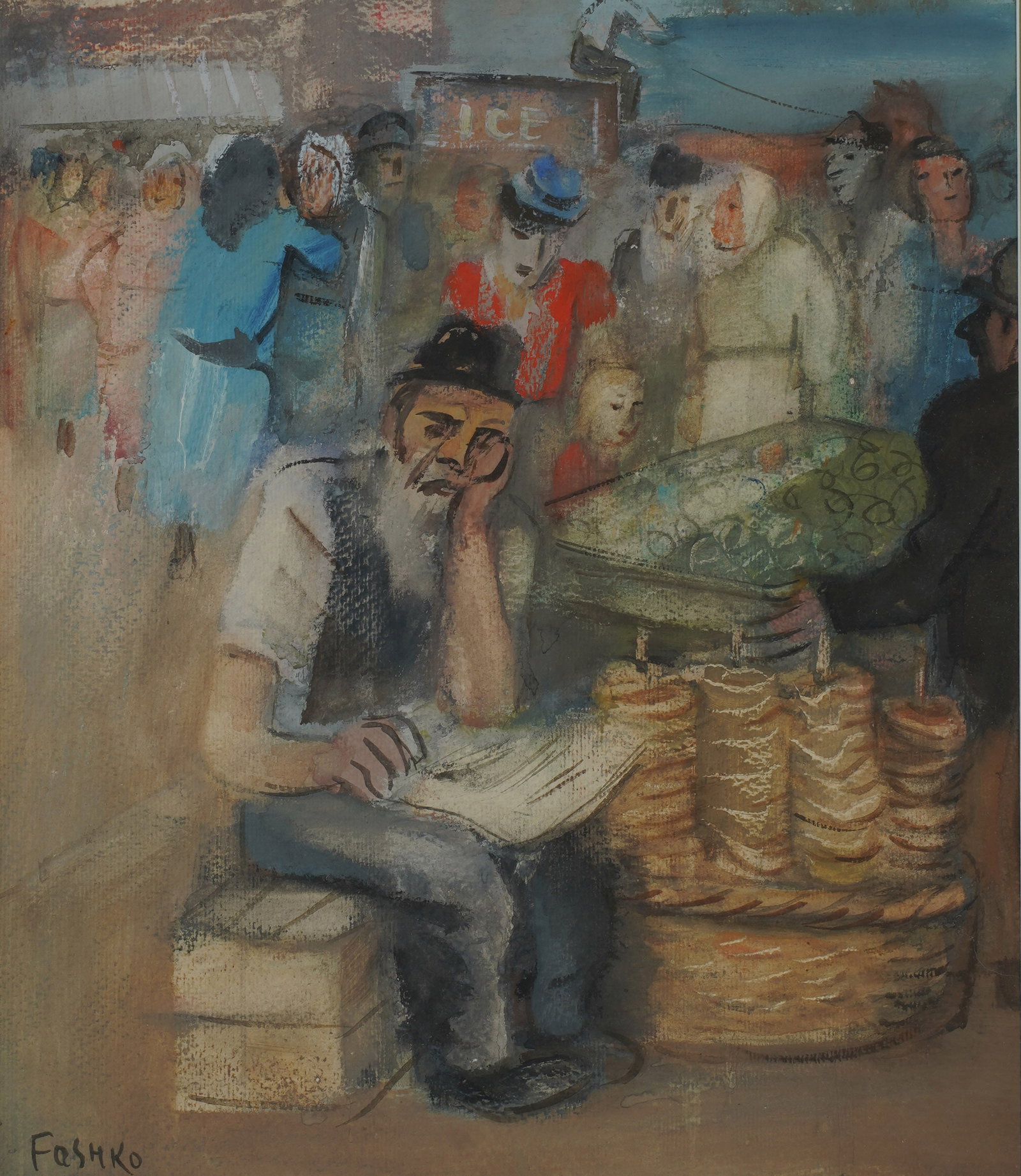 Josef Foshko, 1891-1971, Market Scene: Charcoal on paper signed to the lower left 17 1/2 x 15 in. (44.5 x 38.1 cm.), Frame: 25 3/4 x 23 in. (65.4 x 58.4 cm.)