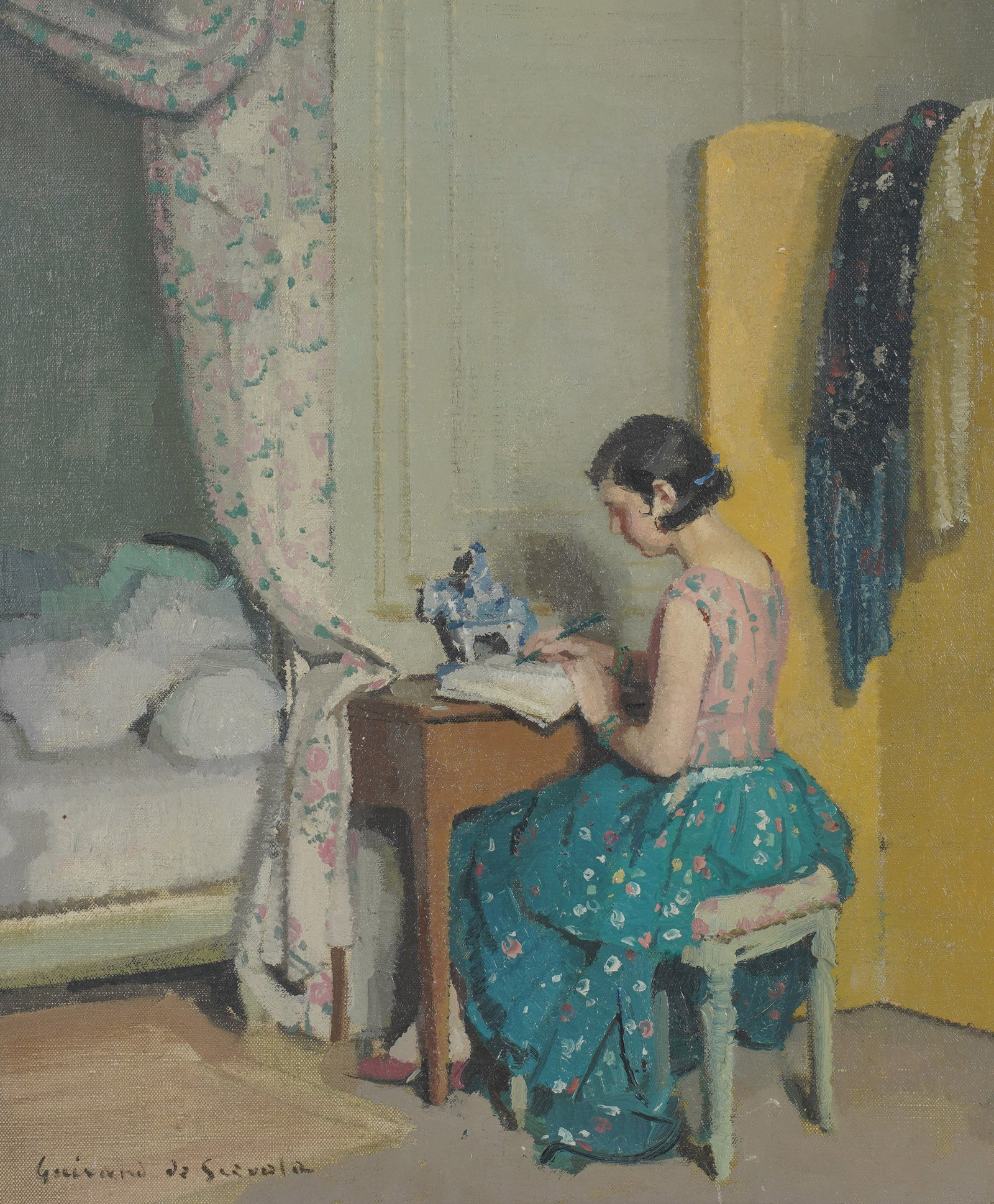 Lucien-Victor Guirand de Scevola, French 1871-1950, Interior Scene of a Woman Writing: Oil on canvas Signed to the lower left 18 x 15 in. (45.7 x 38.1 cm.), Frame: 23 1/2 x 20 1/4 in. (59.7 x 51.4 cm.)
