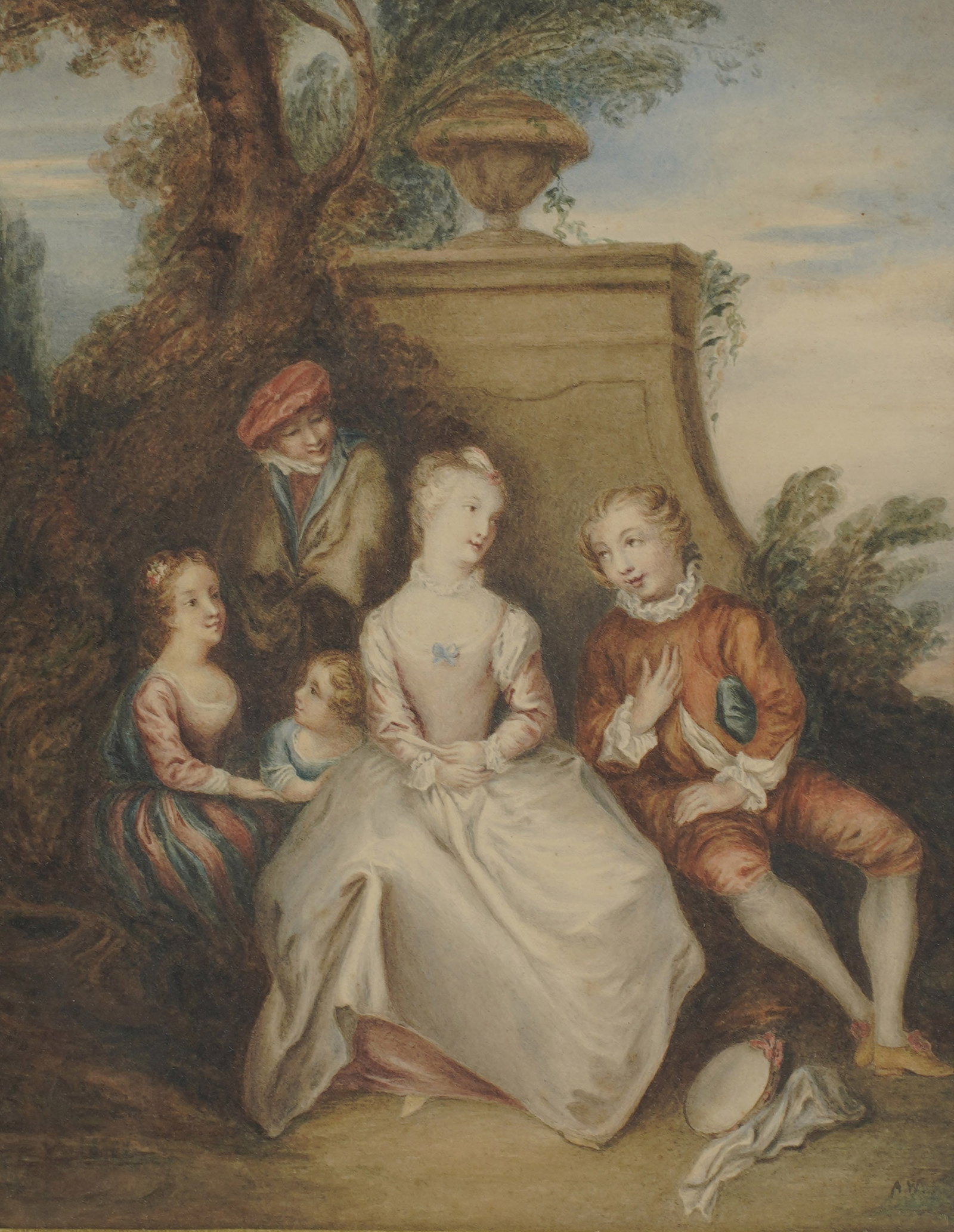 A Neoclassical Courting Scene: watercolor, signed to the lower right Sight: 12 x 10 in. (30.5 x 25.4 cm.), Frame: 23 3/4 x 20 3/4 in. (60.3 x 52.7 cm.)