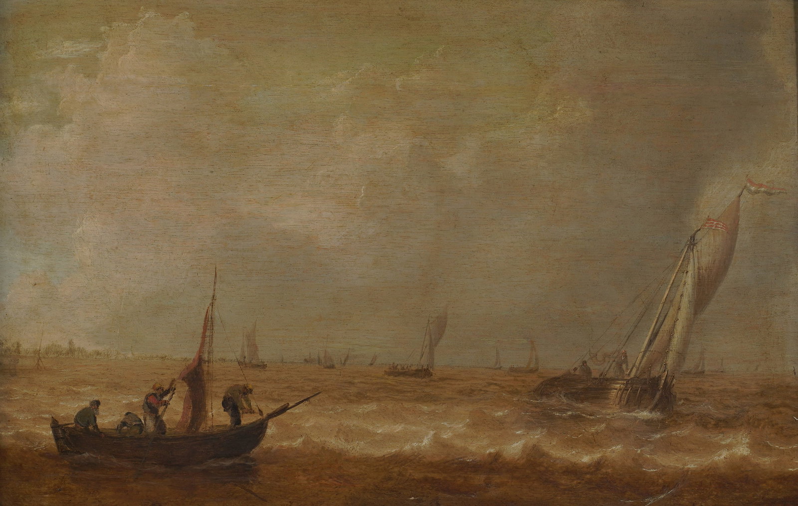A Dutch Fishing Scene: oil on board, unsigned 12 1/2 x 19 1/2 in. (31.8 x 49.5 cm.), Frame: 20 3/4 x 27 1/2 in. (52.7 x 69.9 cm.)