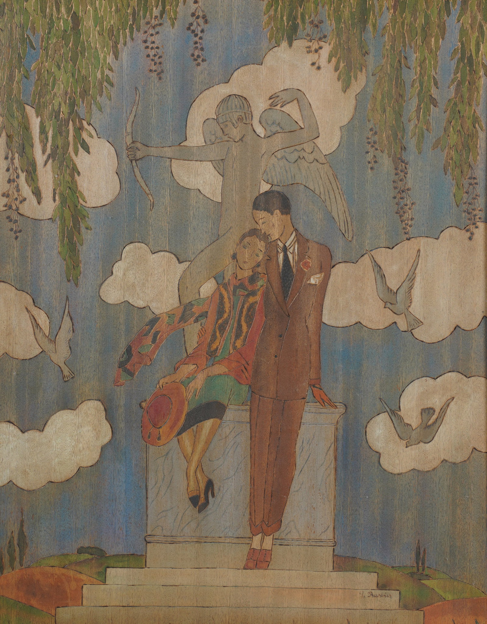 An Art Deco Relief Carving with Polychrome Double-Sided Picture: signed to the lower right on one side Panel: 27 x 21 in. (68.6 x 53.3 cm.), Frame: 30 x 24 in. (76.2 x 61 cm.)