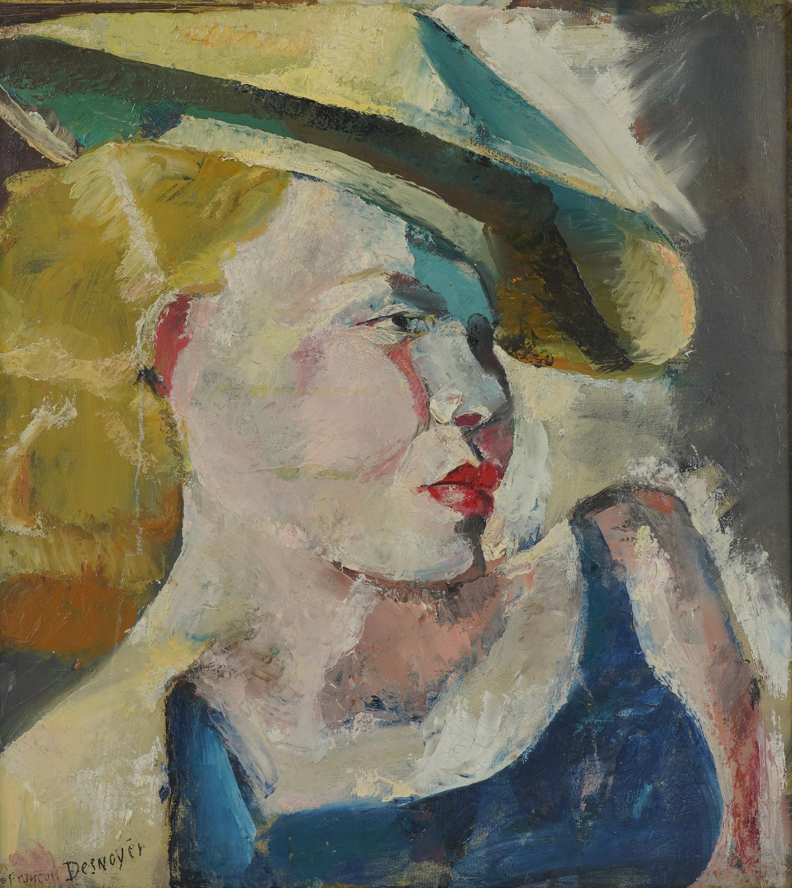 Francois Desnoyer, 1894-1972, Odette la Blonde: oil on artist board 1930, signed to the lower left, dated and titled on verso. Envoi de la Galerie label on verso Panel: 16 1/4 x 15 in. (41.3 x 38.1 cm.), Frame: 22 3/4 x 21 in. (57.8 x 53.3 cm.)