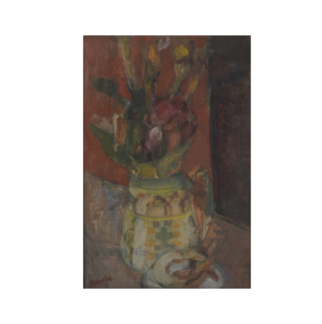 Lazare Volovick, 1902-1977, Tulipes et Iris: oil on canvas Signed to the lower left, Galerie Serret Fauveau exhibition label on verso Canvas: 21 3/4 x 15 in. (55.2 x 38.1 cm.), Frame: 30 x 23 in. (76.2 x 58.4 cm.)