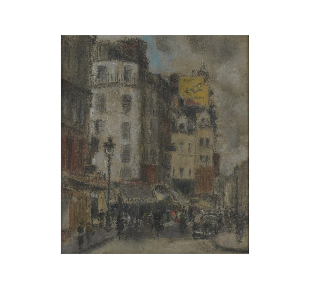 A Parisian Street Scene: pastel on paper, signed illegibly to the lower left, Sight: 14 1/2 x 12 1/2 in. (36.8 x 31.8 cm.), Frame: 18 3/4 x 16 3/4 in. (47.6 x 42.5 cm.)