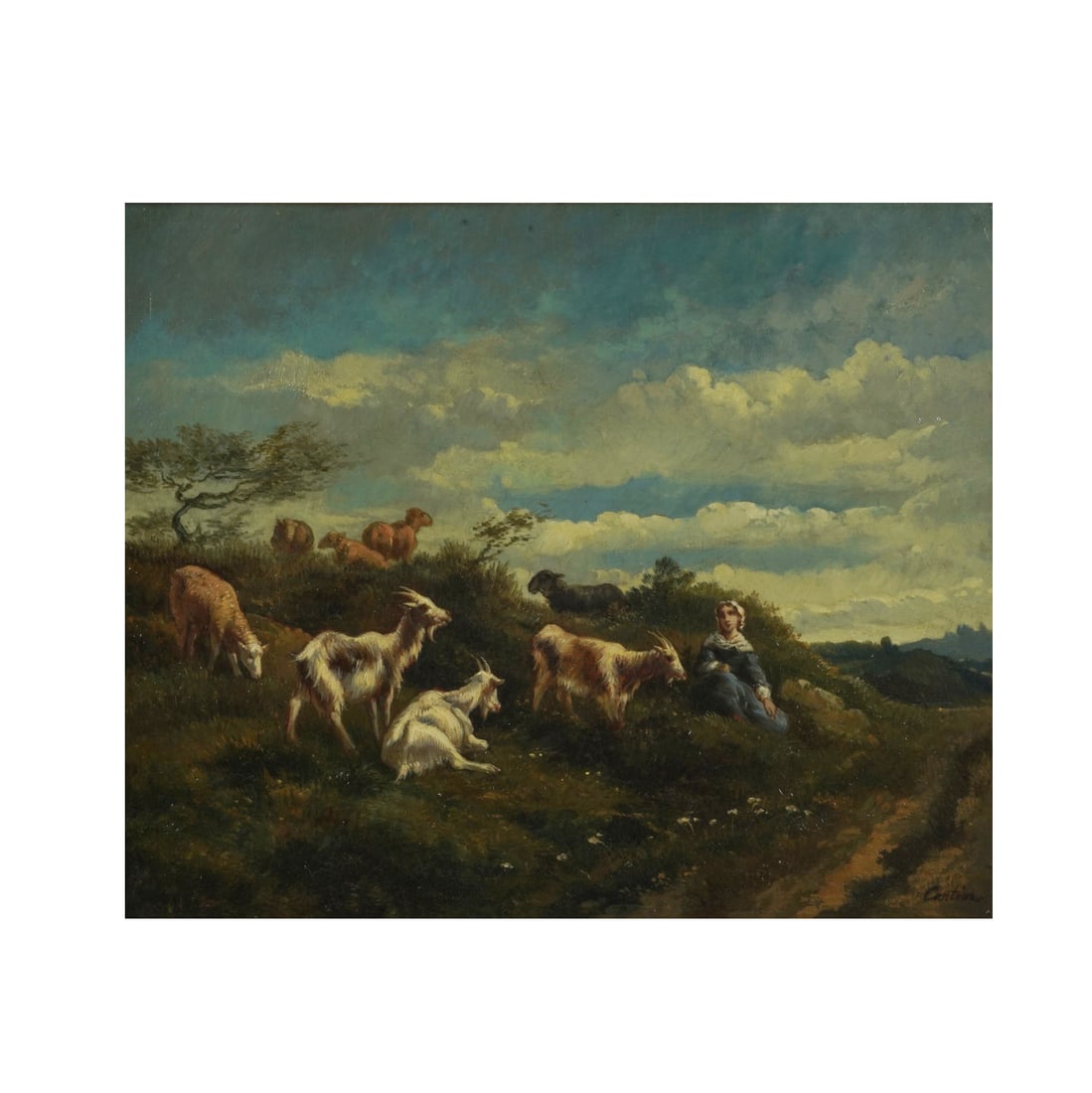 Karl Cartier, 1855-1925, Girl with Goats: oil on canvas signed to the lower right canvas: 15 x 18 1/4 in. (38.1 x 46.4 cm.), Frame: 23 x 26 in. (58.4 x 66 cm.)