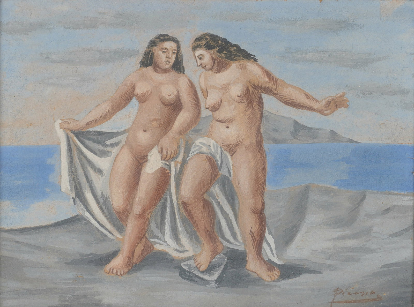 Two Nudes on the Beach: gouache on artist board, signed to the lower right 10 1/2 x 13 3/4 in. (26.7 x 34.9 cm.), Frame: 19 x 22 in. (48.3 x 55.9 cm.)