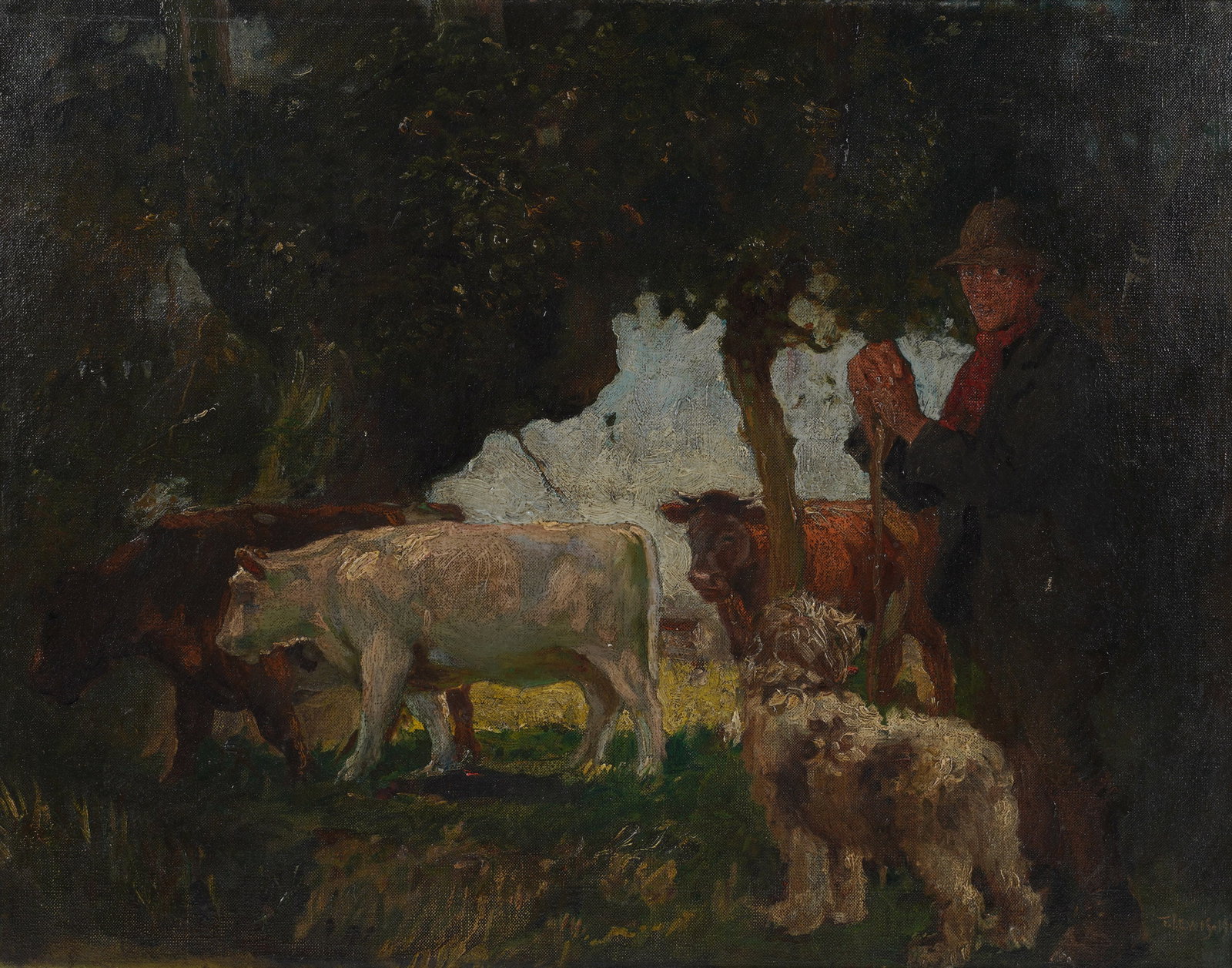 A Landscape with Herdsmen: 1911, oil on canvas, signed T. Lewis and dated to the lower right 17 1/2 x 22 in. (44.5 x 55.9 cm.), Frame: 20 x 24 3/4 in. (50.8 x 62.9 cm.)