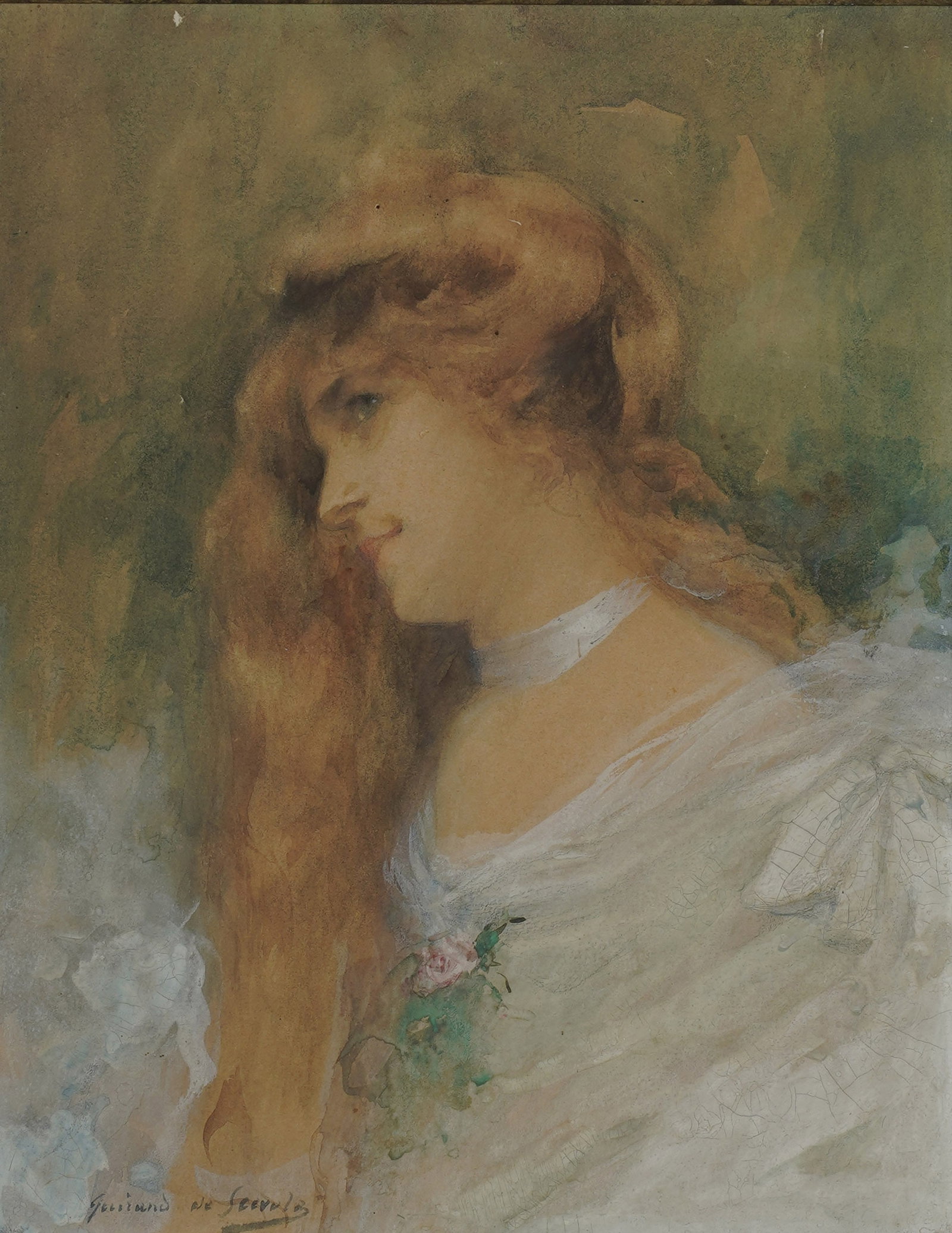 Lucian-Victor Guirand de Scevola, France 1871-1950, Portrait of a Woman: watercolor and gouache signed to the lower left Sight: 10 x 7 3/4 in. (25.4 x 19.7 cm.), Frame: 18 3/4 x 16 1/2 in. (47.6 x 41.9 cm.)