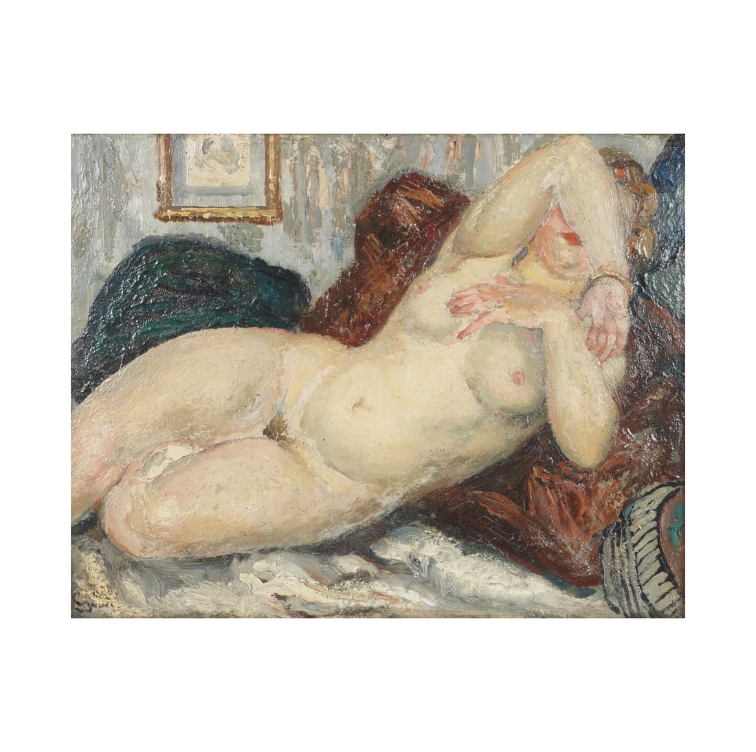 Reclining Female Nude: oil on board, signed illegibly to the lower left 11 1/2 x 14 3/4 in. (29.2 x 37.5 cm.), Frame: 16 1/4 x 19 1/2 in. (41.3 x 49.5 cm.)