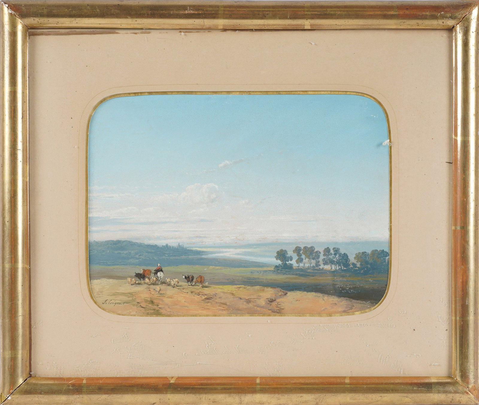 Jules Coignet, French 1798-1860, Landscape with Figures: watercolor on paper signed to the lower left 7 3/4 x 10 1/2 in. (19.7 x 26.7 cm.), Frame: 14 1/4 x 17 in. (36.2 x 43.2 cm.)