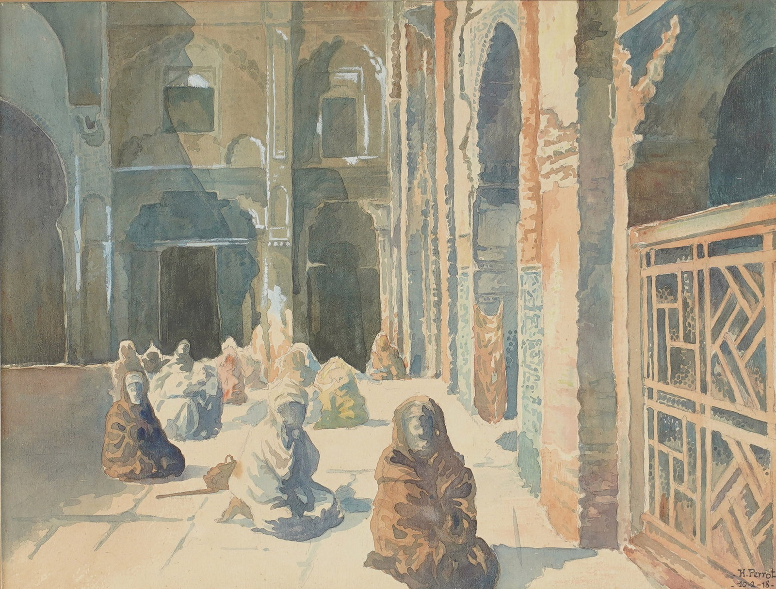 Henri Perrot, 1896-1976, Orientalist Scene: watercolor on paper 1918, signed and dated to the lower right Sight: 8 1/2 x 11 1/4 in. (21.6 x 28.6 cm.), Frame: 14 1/4 x 17 1/4 in. (36.2 x 43.8 cm.)