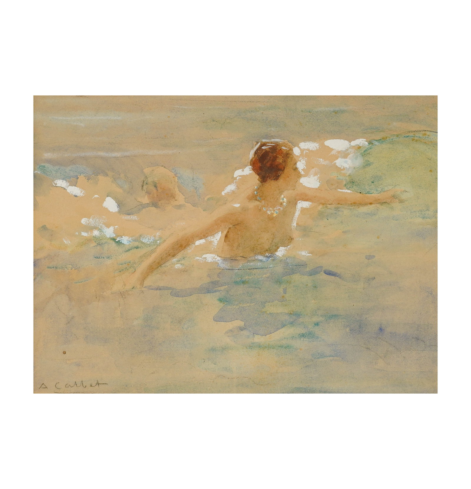 Antoine Calbet, French 1860-1944, Study of a Nude Bather: watercolor on paper signed to the lower left 8 1/2 x 11 3/4 in. (21.6 x 29.8 cm.), Frame: 15 1/4 x 18 1/2 in. (38.7 x 47 cm.)