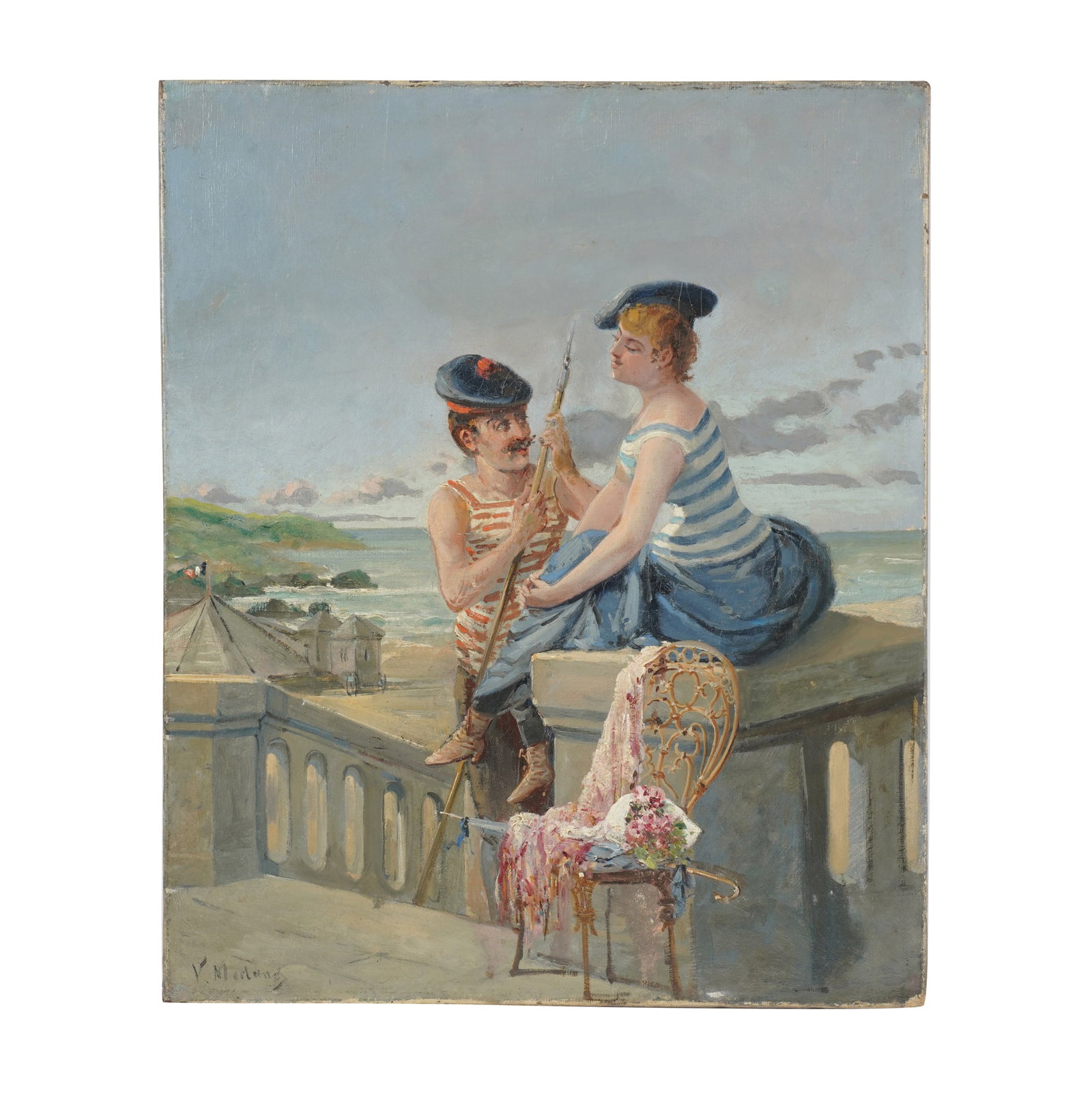 ValÃ¨re Alphonse Morland, 1846, French Coastal Courting Couple: oil on canvas signed to the lower left 18 x 15 in. (45.7 x 38.1 cm.)