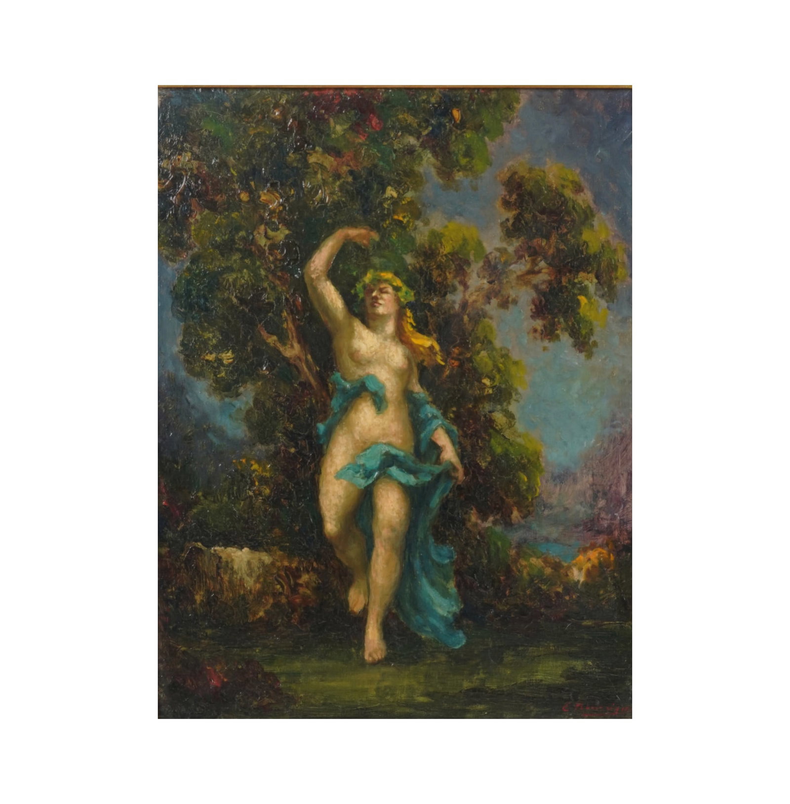 Emil Eugene Nourrigat, A Classical Maiden: oil on board signed to the lower right, C. Artiges Schleiper gallery tag on verso 14 x 10 3/4 in. (35.6 x 27.3 cm.), Frame: 16 1/2 x 13 1/4 in. (41.9 x 33.7 cm.)