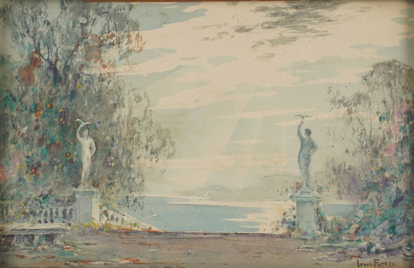 Henri Foreau, French 1866-1938, Jardin botanique Toulon: Watercolor on paper signed to the lower right Sight: 4 3/4 x 7 1/4 in. (12.1 x 18.4 cm.), Frame: 7 x 9 3/4 in. (17.8 x 24.8 cm.)