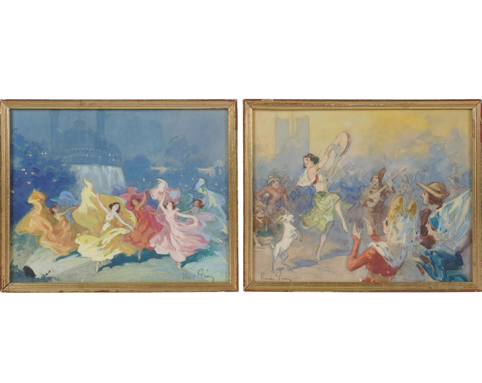 A Pair of Parisian Dancing Scenes: Watercolor and gouache on paper, signed illegibly to the lower right Sight: 7 3/4 x 9 3/4 in. (19.7 x 24.8 cm.), Frame: 8 3/4 x 10 3/4 in. (22.2 x 27.3 cm.)