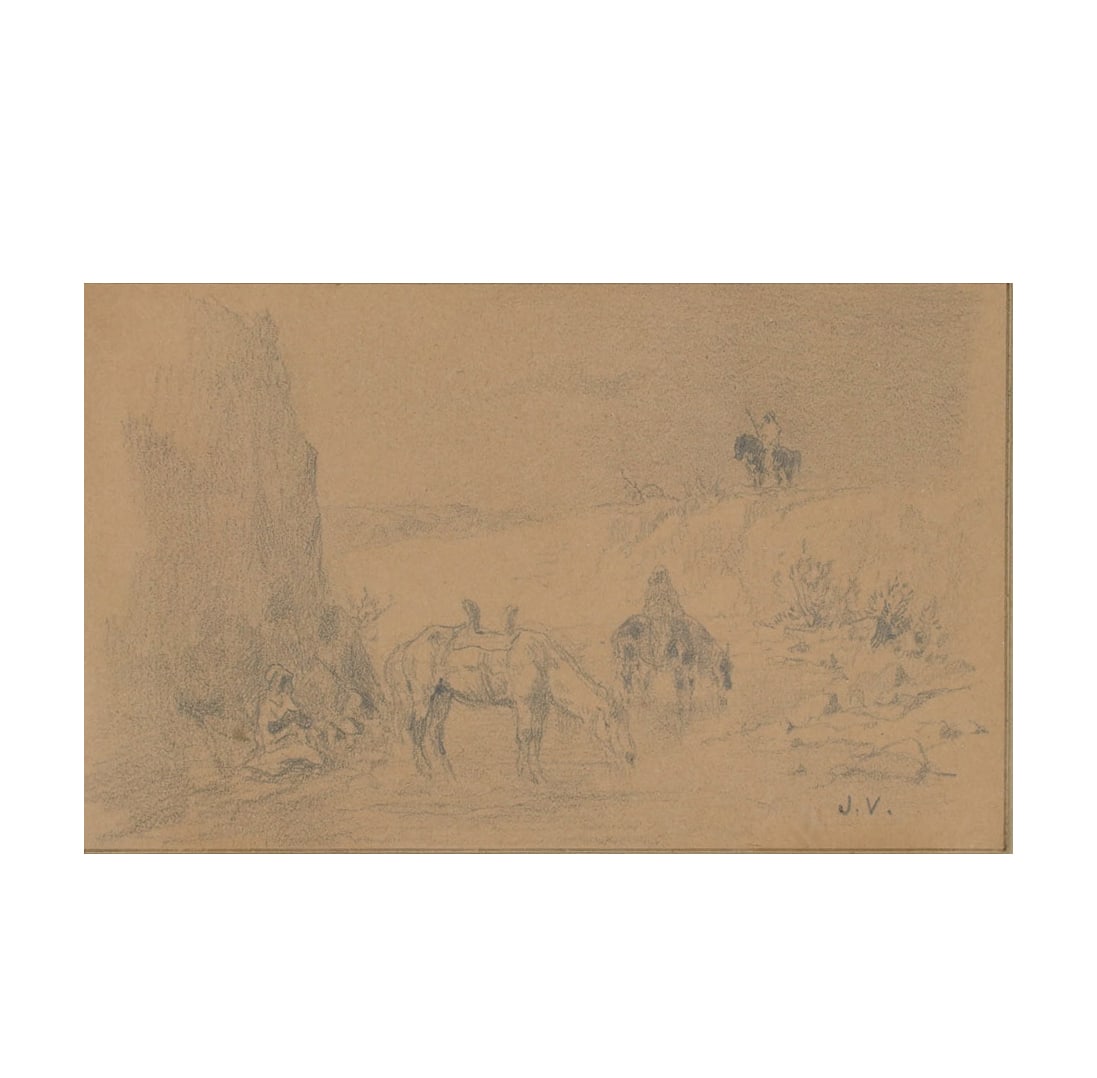 Jules Jacques Veyrassat, French 1828-1893, A Study of Horses at Rest: pencil on paper signed to the lower right sight: 3 1/2 x 5 1/2 in. (8.9 x 14 cm.), Frame: 7 3/4 x 11 in. (19.7 x 27.9 cm.)