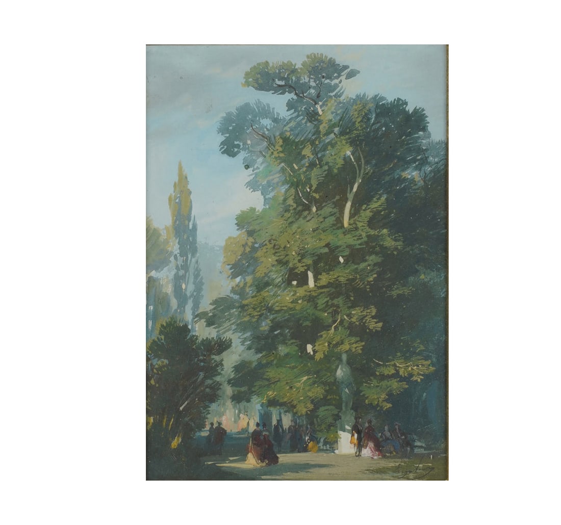 Eugene Lami, French 1800-1890, Prominade in the Park: gouache on paper signed to the lower right sight: 6 x 4 in. (15.2 x 10.2 cm.), Frame: 11 1/4 x 9 1/2 in. (28.6 x 24.1 cm.)