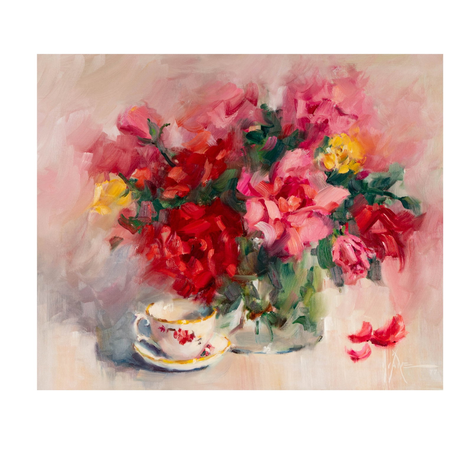Diane Green (20th Century), Roses and Teacup: Diane Green (20th Century), Roses and Teacup oil on canvas, 1977, signed lower right, canvas: 20 x 24 in., frame: 31 3/4 x 35 3/4 in.