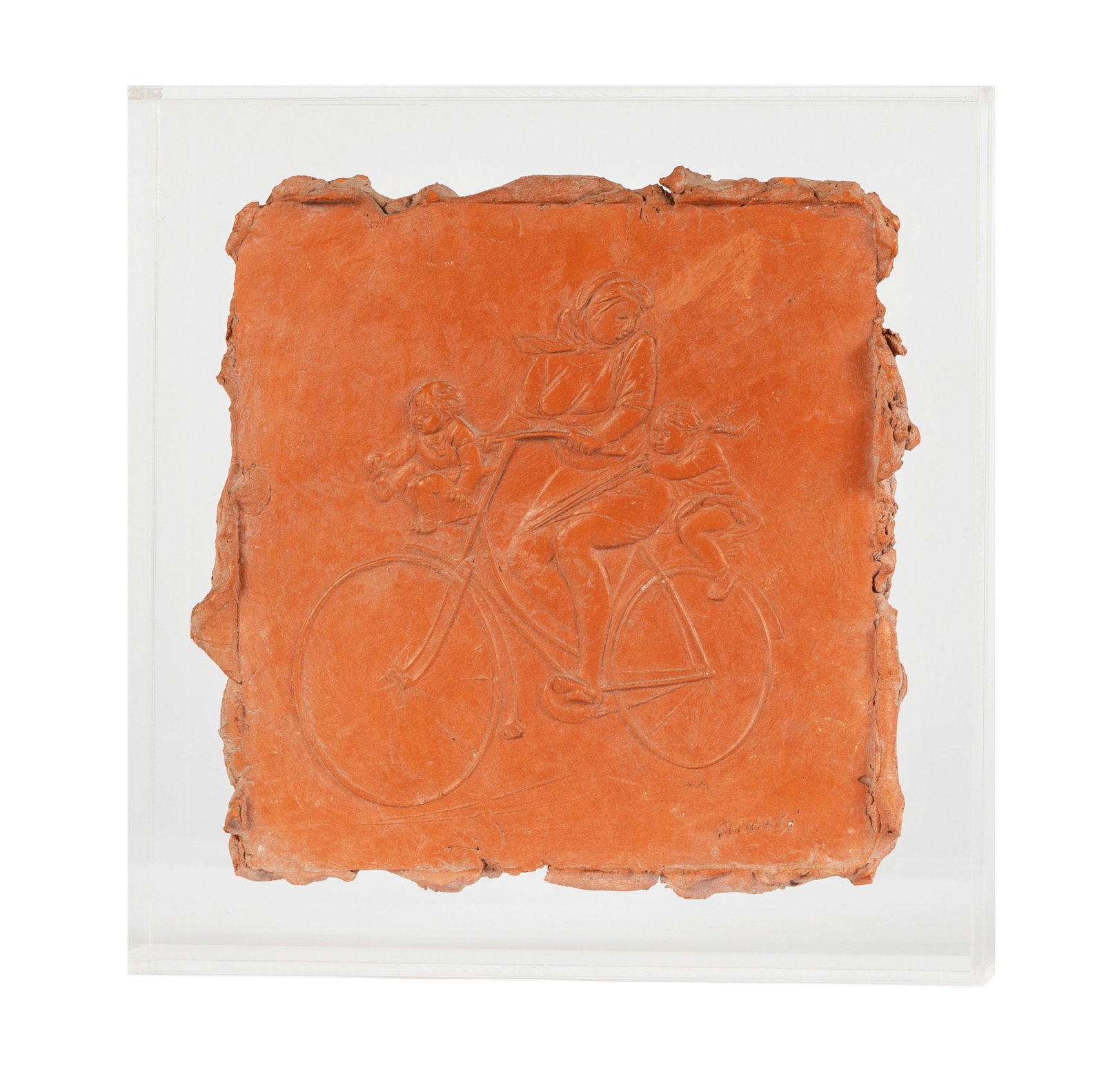 Woman and Children on Bicycle: Bruno Lucchesi Italia, 1926-2026 Woman and Children on Bicycle terracotta signed lower right Plaque: 8 x 8 in. (20.3 x 20.3 cm.); Frame: 10 1/4 x 10 1/4 in. (26 x 26 cm.) Artist: Bruno Lucchesi Artist