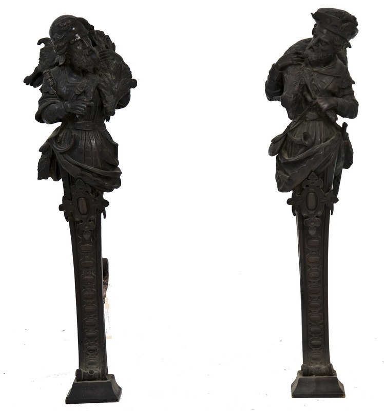PAIR OF CONTINENTAL BRONZE FIGURAL ANDIRONS: each depicting a hunter Provenance: Estate of David Copley, La Jolla 30 inches high