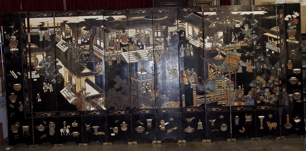 CHINESE COROMANDEL TWELVE PANEL LACQUER SCREEN: 12 panels, depicting a traditional court scene each panel measuring: 108 inches high; 19 1/4 inches wide