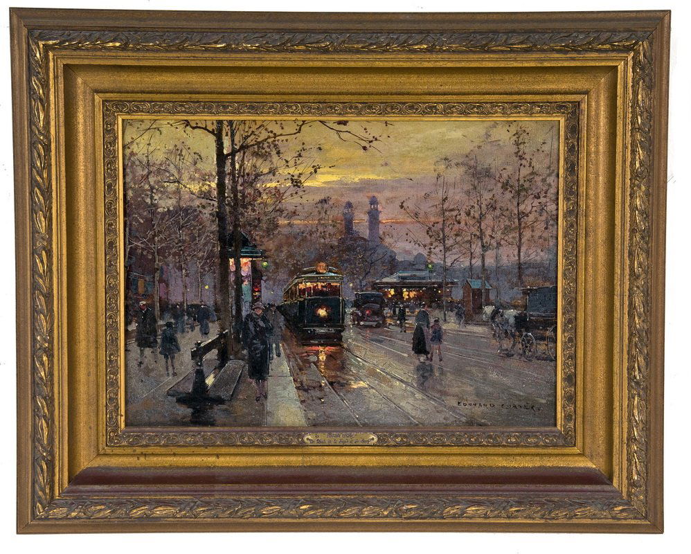 EDOUARD CORTES: “LE QUAIS DE LA RAPEE ET BERCY”: oil on canvas signed lower right 13 x 18 inches