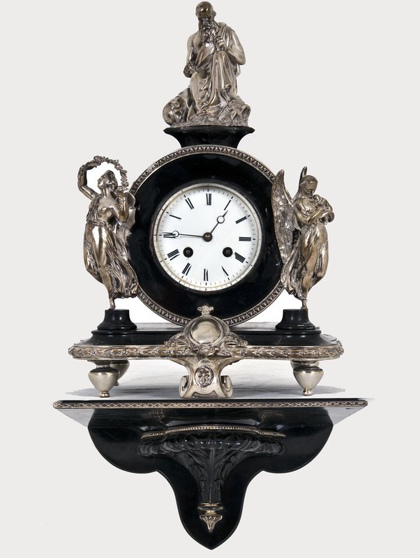 VICTORIAN SILVER & EBONIZED SHELF CLOCK WITH BRACKET: John Hunt & Robert Roskell, London the figure of Time surmounting an ebonized case with figural mounts 12 inches wide; 8 1/4 inches deep; 22 1/2 inches high