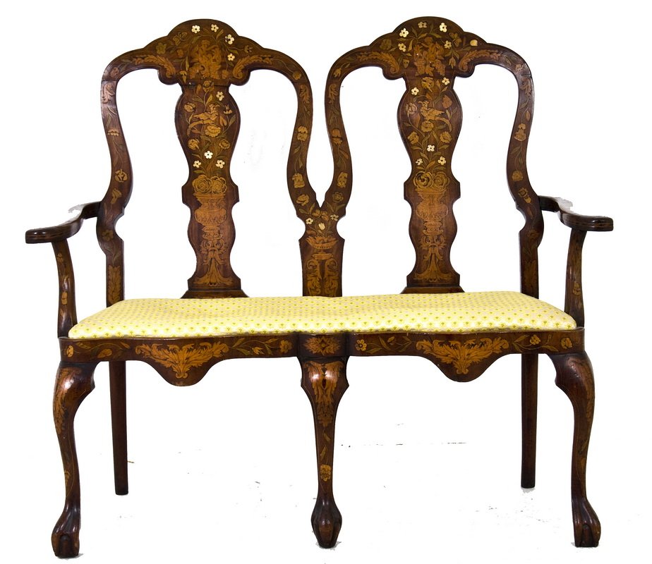 DUTCH MAHOGANY & MARQUETRY INLAID SETTEE: the double back with vasa-form splats, curved arms, and supports 48 inches long