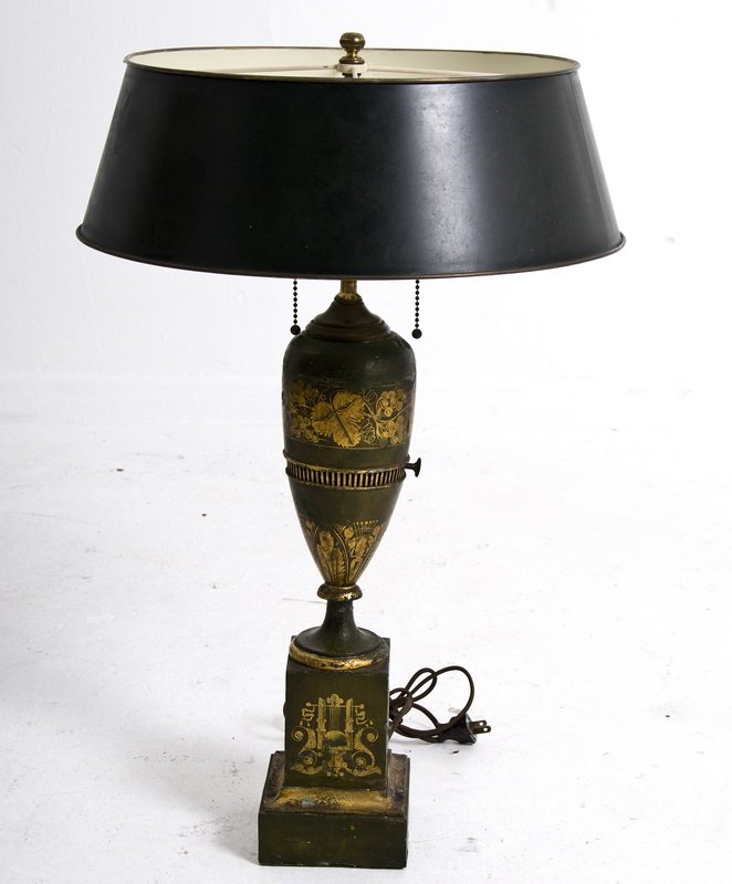 DIRECTOIRE TOLE PEINTE TABLE LAMP: the painted urn-form body with a black tole shade 24 1/2 total inches high