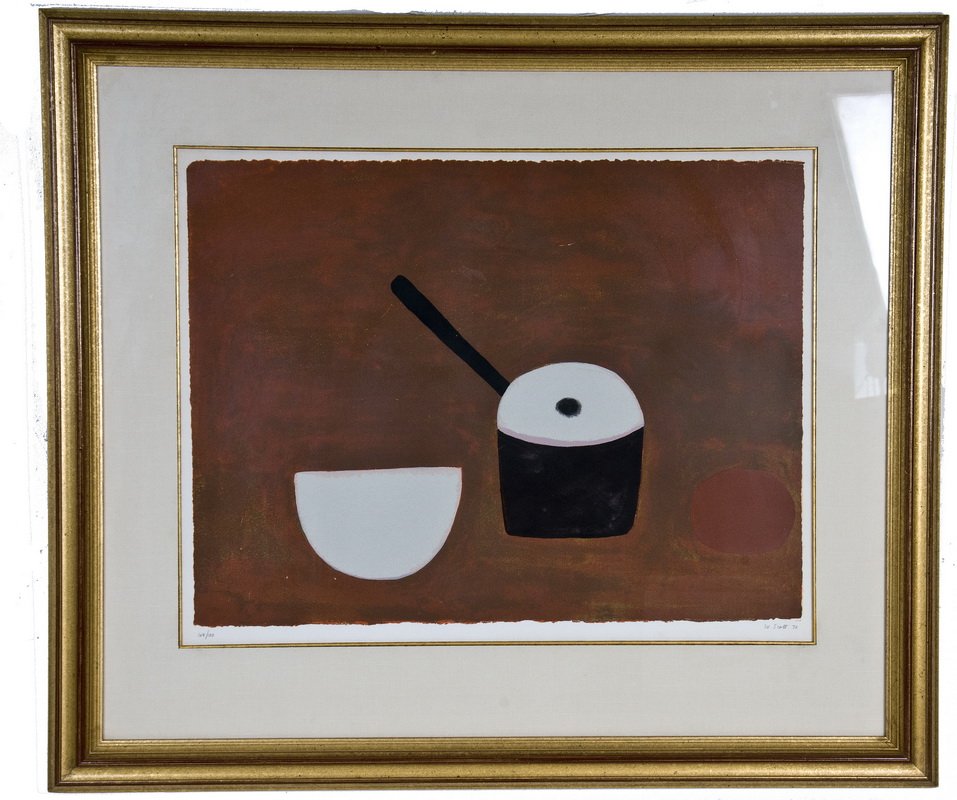 WILLIAM SCOTT: "WHITE BOWL, BLACK PAN ON BROWN": circa 1970 screenprint in colors signed and numbered 49/100 in pencil 23 x 30 inches