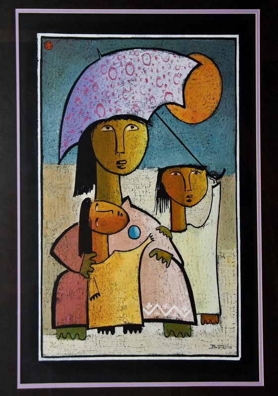 ANGEL BOTELLO: "MOTHER & CHILDREN WITH UMBRELLA": linocut in colors signed and numbered 16/100 in pencil 26 x 19 1/2 inches
