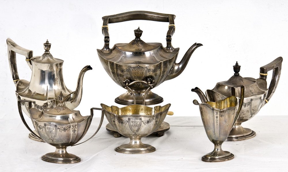 GORHAM STERLING SIX-PIECE TEA & COFFEE SERVICE: Plymouth-- Engraved pattern comprising of a kettle on stand, coffee pot, teapot, covered sugar bowl, creamer, and waste bowl 114 troy ounces 13 1/2 inches high