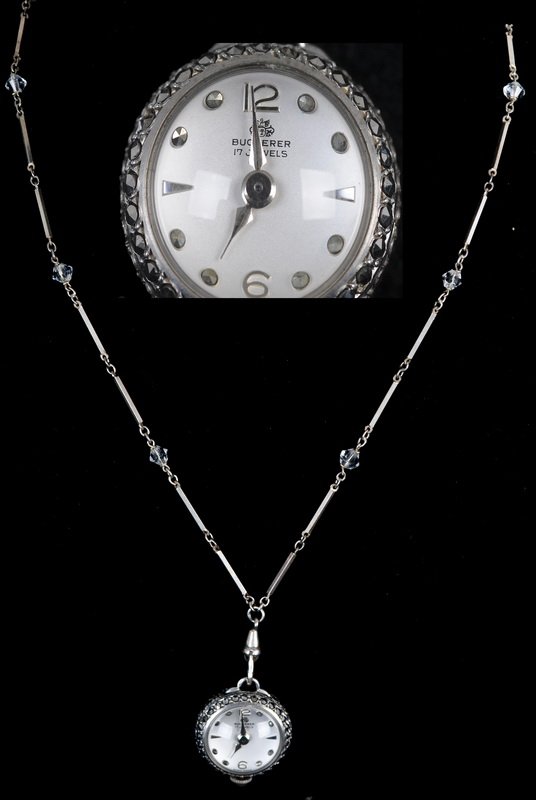 BUCHERER PENDANT WATCH: ball pendant watch; seventeen jewel; marcasite decorated case; silver chain with crystal beads; box 1/2 inch diameter
