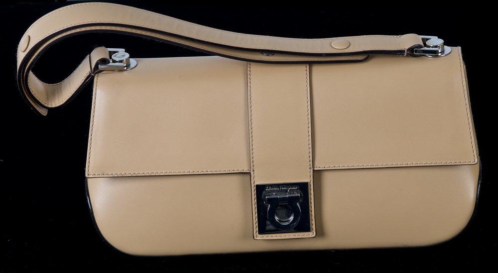 SALVATORE FERRAGAMO POUCHETTE PURSE: camel color; silver tone hardware; adjustable shoulder strap 10 1/2 inches wide; 5 1/2 inches long; 2 1/2 inches deep