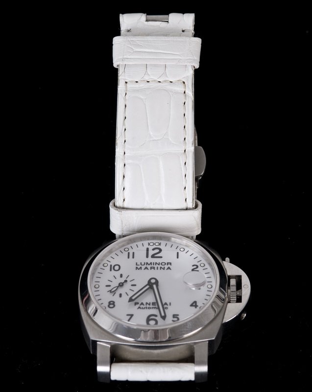 PANERAI STAINLESS STEEL AUTOMATIC LUMINOR MARINA OP6760: case number K1124/1200; OP6760 BB1285422; white dial with black markers; white leather band; stainless steel deployment buckle 2 inches diameter
