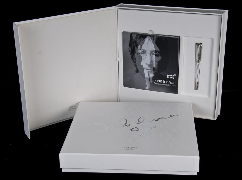 MONTBLANC JOHN LENNON COMMEMORATIVE FOUNTAIN PEN: limited edition 1940; white and silver enamel with inset Tanzanite;18K gold rhodium-plated nib with peace sign; with box and papers 5 3/4 inches long