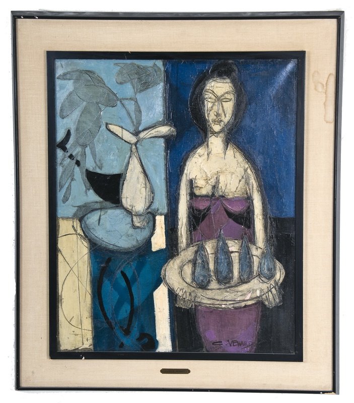 CLAUDE VENARD: "JEUNE FILLE AUX FRUITS": oil on canvas signed lower right 23 1/2 x 29 inches