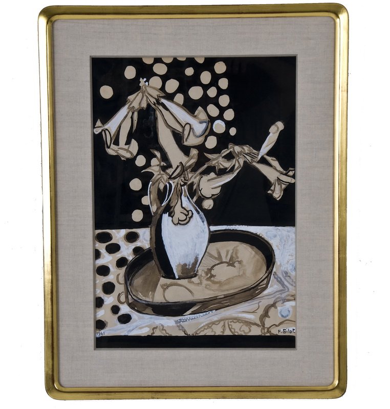 FRANCOISE GILOT: "STILL LIFE": circa 1941 gouache signed lower right Provenance: Estate of David Copley, La Jolla 21 1/2 x 14 1/2 inches