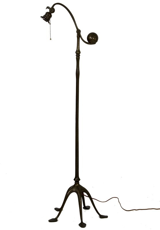 TIFFANY STUDIOS BRONZE COUNTER BALANCE FLOOR LAMP BASE: patinated bronze counter balance lamp supported by five lily pad feet; copper shade having an etched design around the rim the base stamped "Tiffany Studios New York/ 468"; the shade, "Tiffany Studios