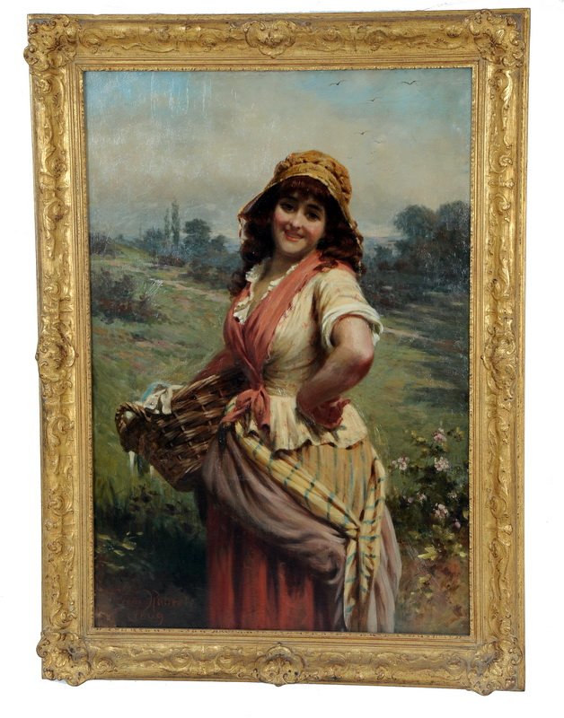 EDWIN THOMAS ROBERTS: "PORTRAIT OF A GIRL WITH: circa 1869 oil on canvas signed and dated lower left 32 x 22 inches