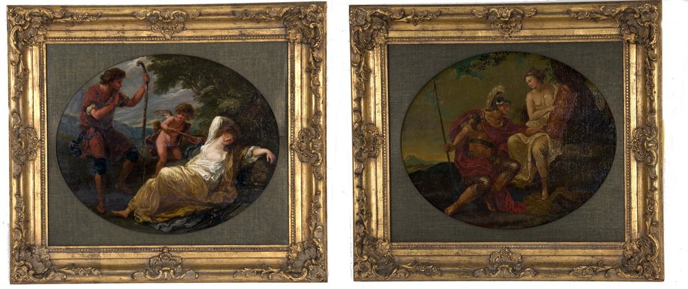 PAIR OF CLASSICAL SCENE OVAL PAINTINGS: one depicting Mars & Venus; the other, Orpheus and Eurydice oil on panel 11 1/2 x 15 inches, oval sight