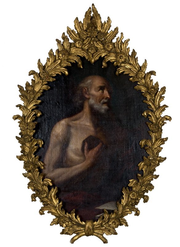 SAINT JEROME: oil on canvas laid down on masonite in an ornate gilt and gesso frame 47 x 33 1/5 inches, oval