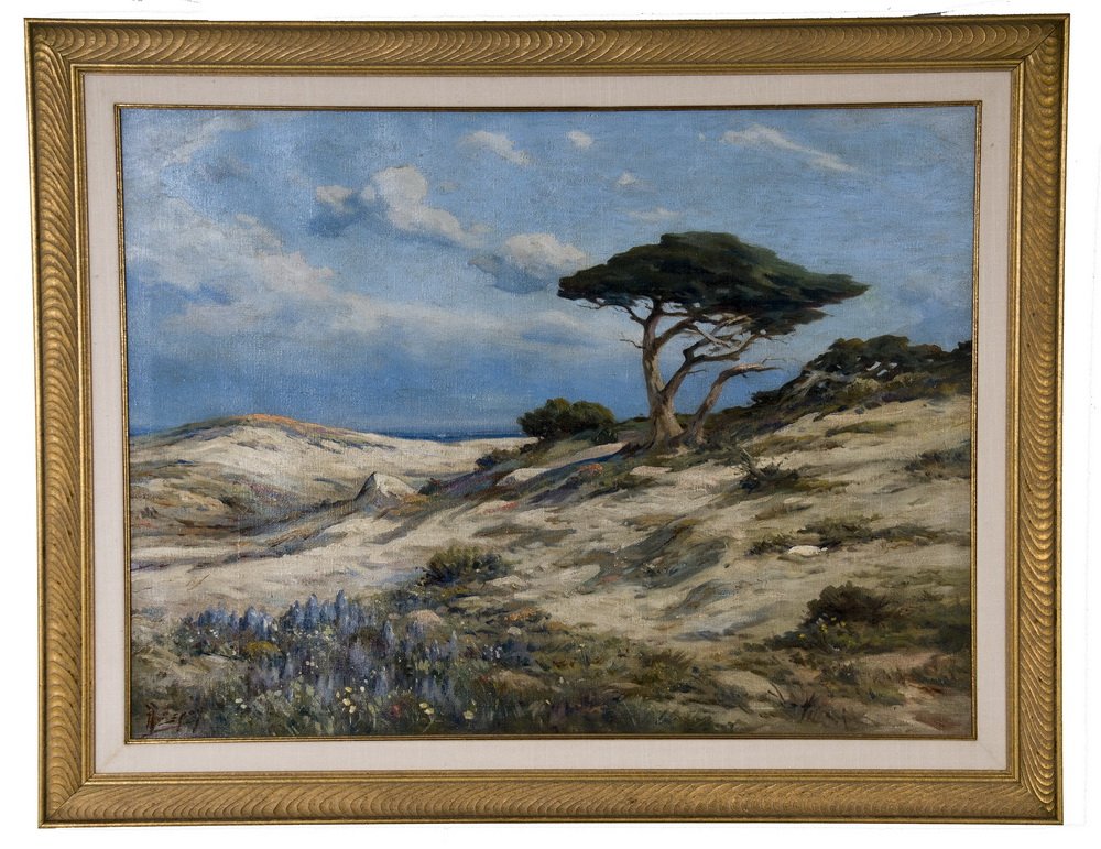 ANGEL DESERVICE ESPOY: "CYPRESS AND SAND DUNES, CA": oil on canvas signed lower left 30 x 40 inches