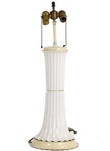 WILLIAM "BILLY" HAINES: CHINESE PORCELAIN TABLE LAMP: with painted wood top and base, no shade the flared and fluted base in two parts Provenance: Property of Anita May Rosenstein 27 3/4 total inches high