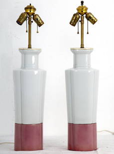 WILLIAM "BILLY" HAINES: PAIR OF CHINESE PORCELAIN LAMPS: each with ivory painted top and rose painted Haines base, no shades Provenance: The Estate of Dr. Herbert & Mrs. Rita LeRoy Roedling, a William "Billy" Haines commission 28 inches total high